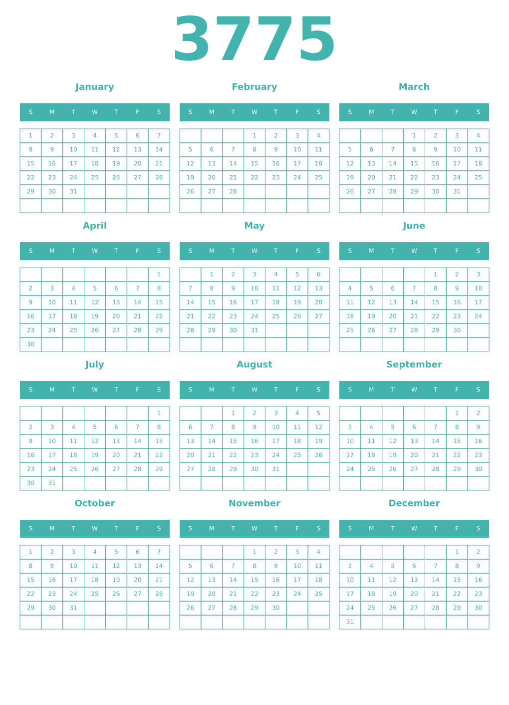 Printable 3775 Year Calendars verdigris