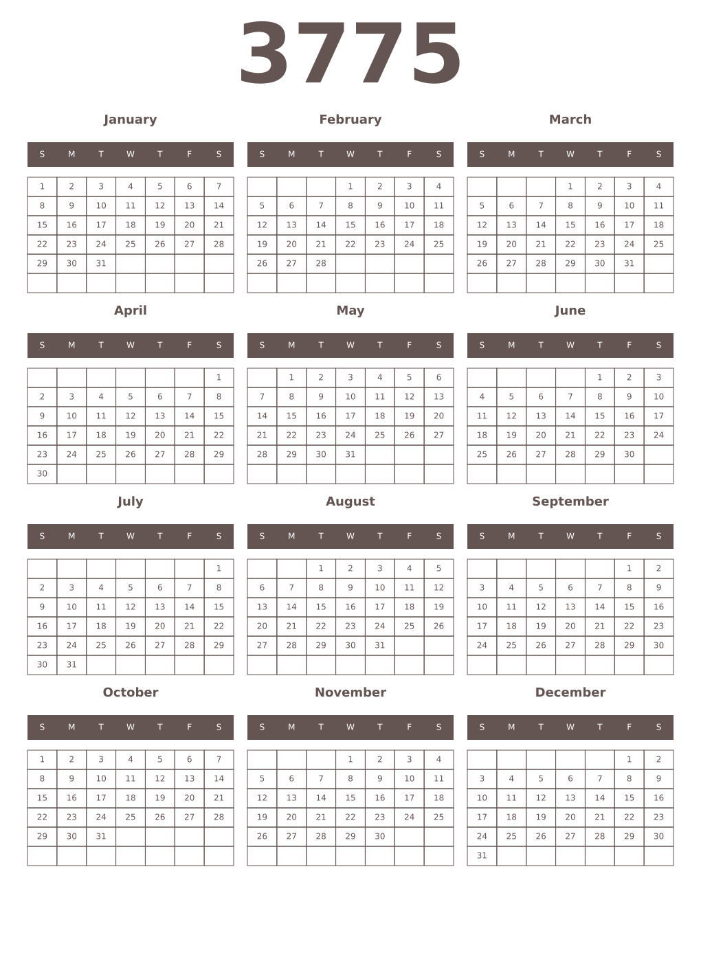 Printable 3775 Year Calendars wenge