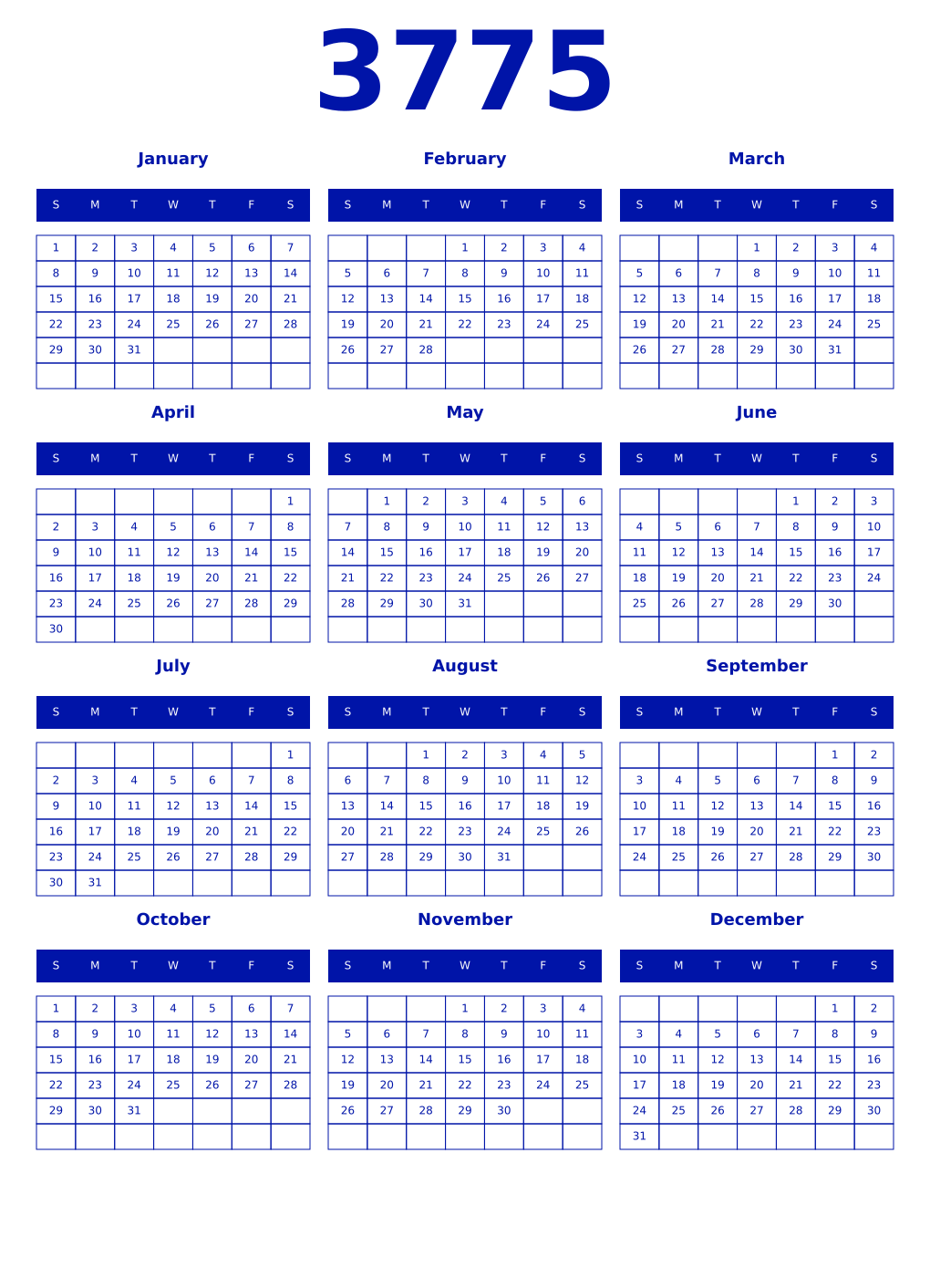 Printable 3775 Year Calendars zaffre