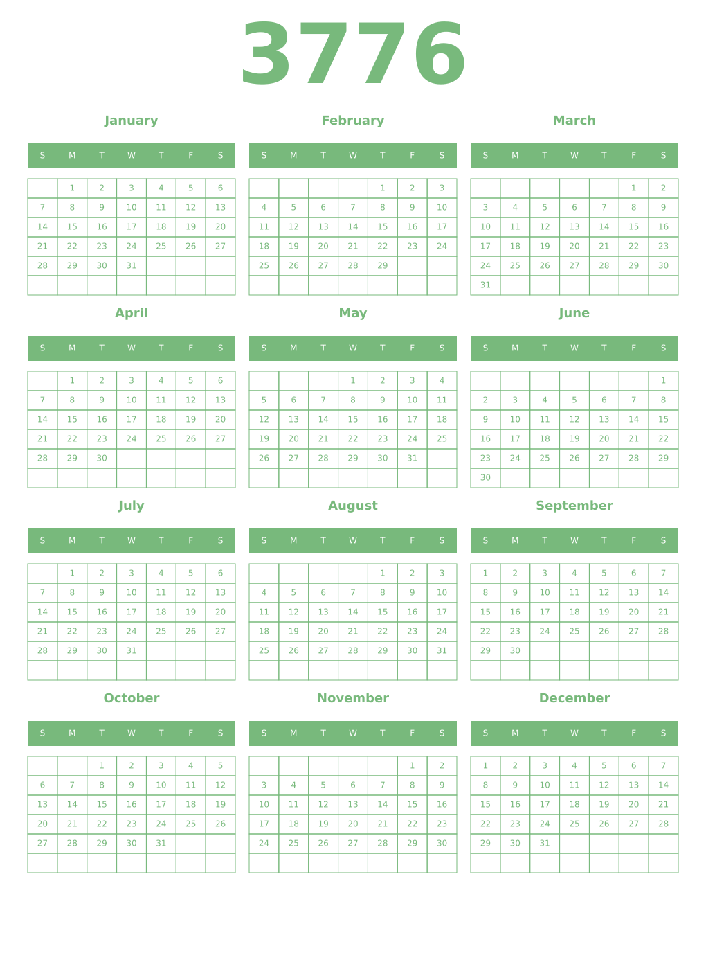 Printable 3776 Year Calendars celadon