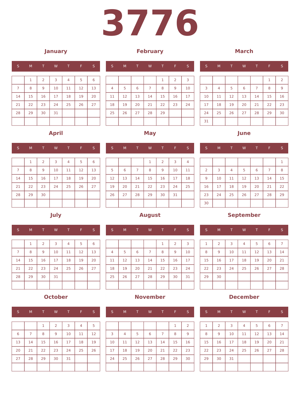 Printable 3776 Year Calendars cordovan