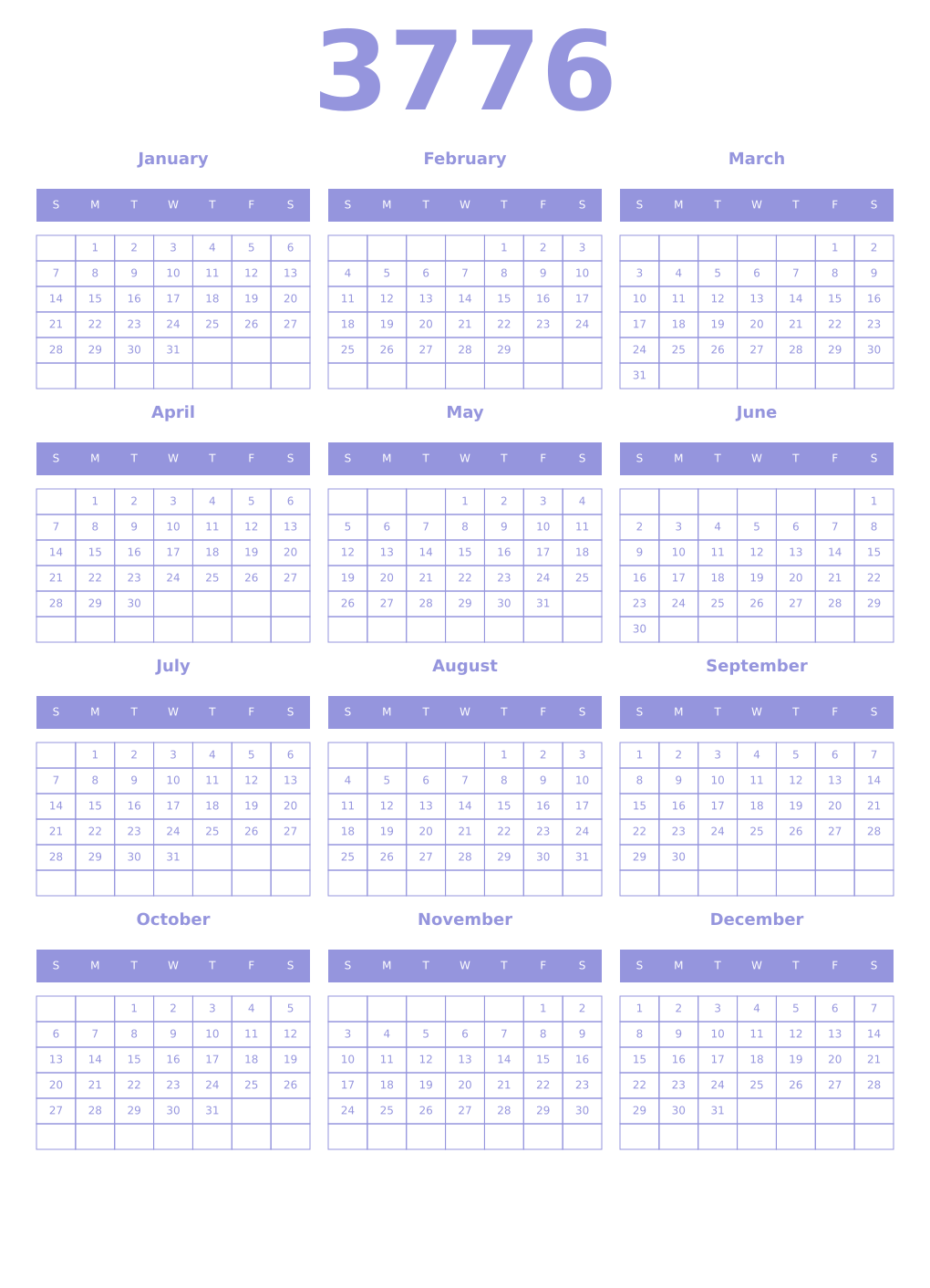 Printable 3776 Year Calendars periwinkle