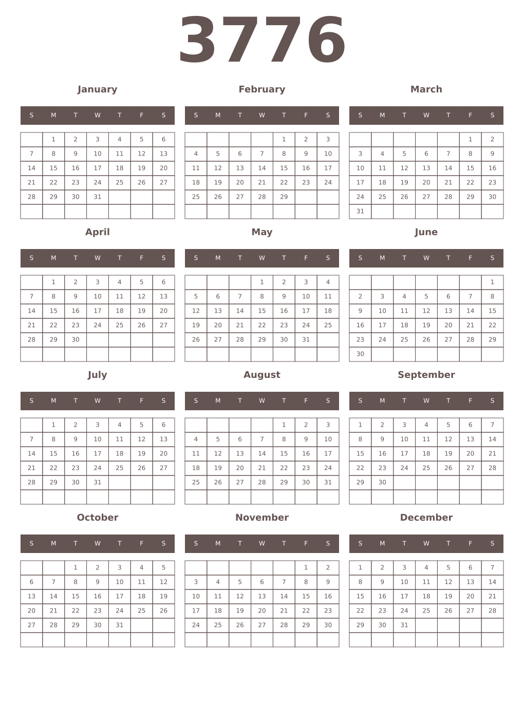 Printable 3776 Year Calendars wenge