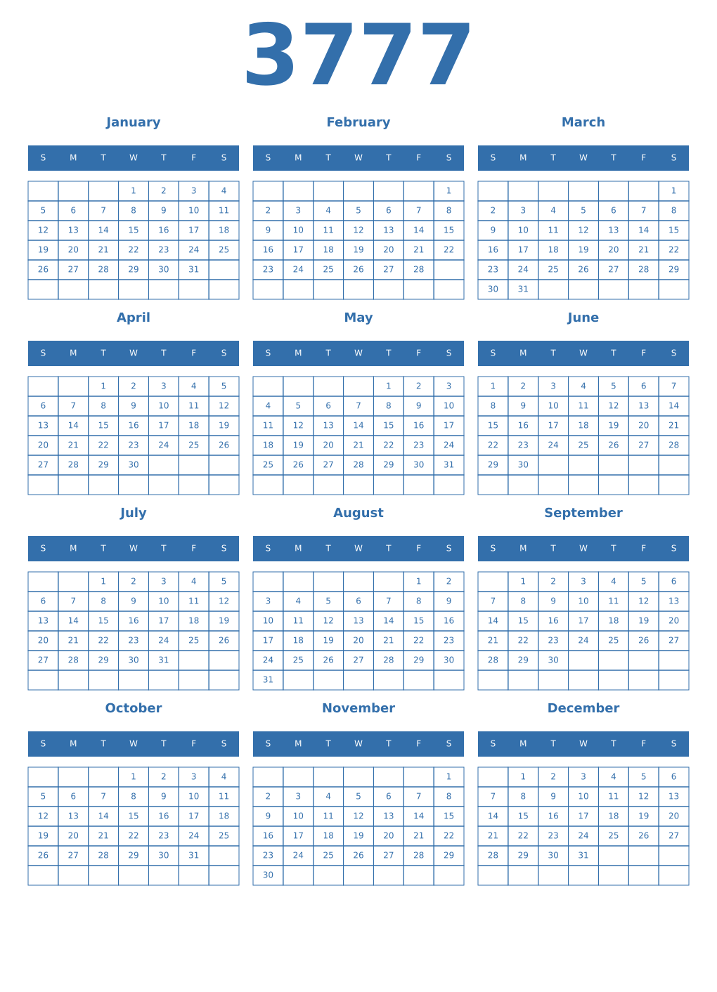 Printable 3777 Year Calendars blue
