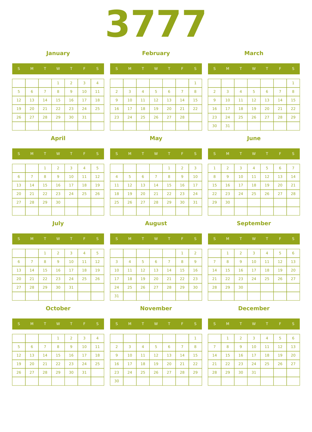 Printable 3777 Year Calendars chartreuse