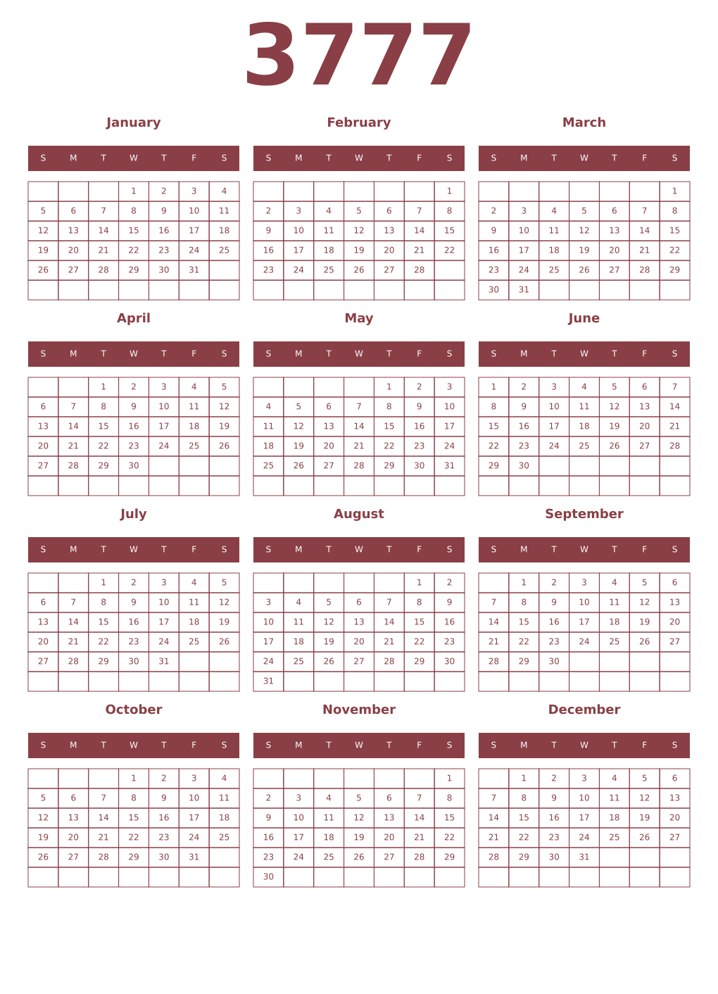 Printable 3777 Year Calendars cordovan