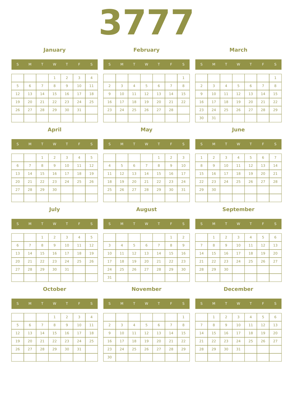 Printable 3777 Year Calendars eburnean