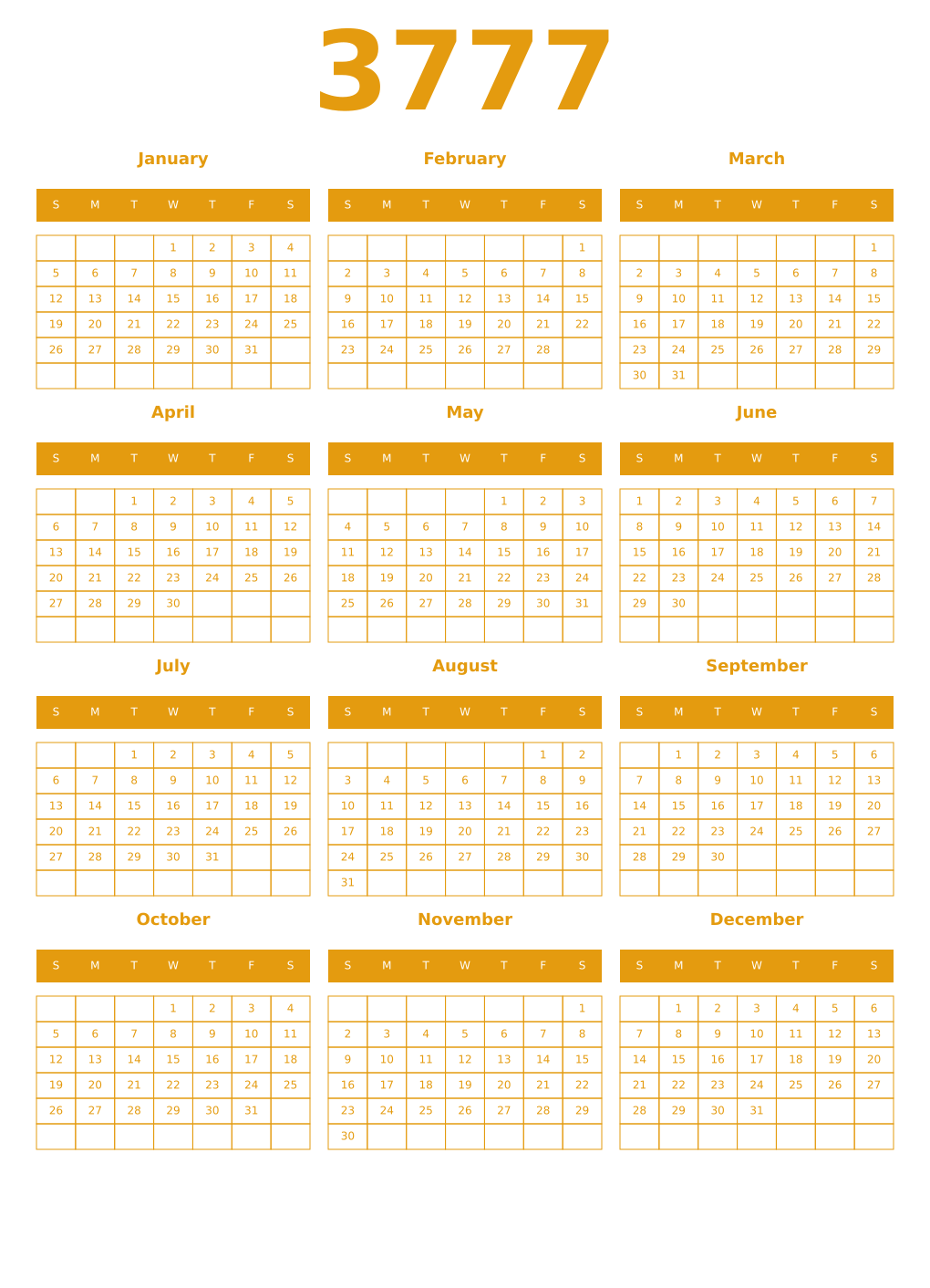 Printable 3777 Year Calendars gamboge