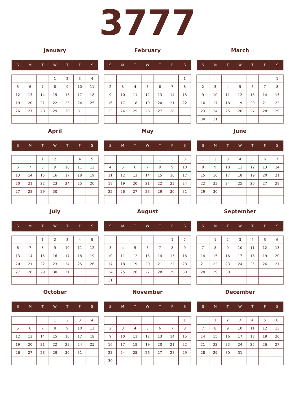 Printable 3777 Year Calendars mortuum
