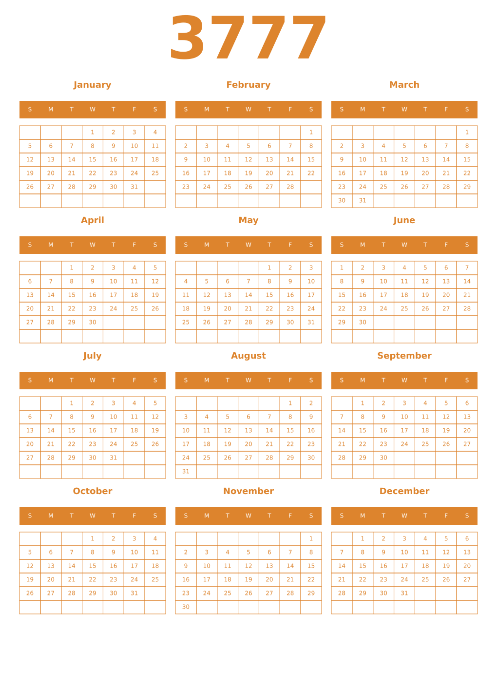 Printable 3777 Year Calendars orange
