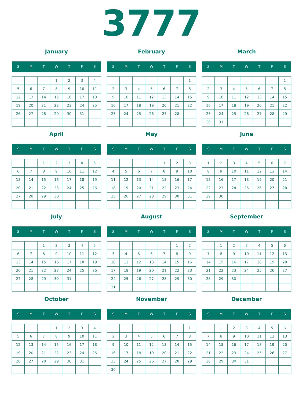 Printable 3777 Year Calendars pastel