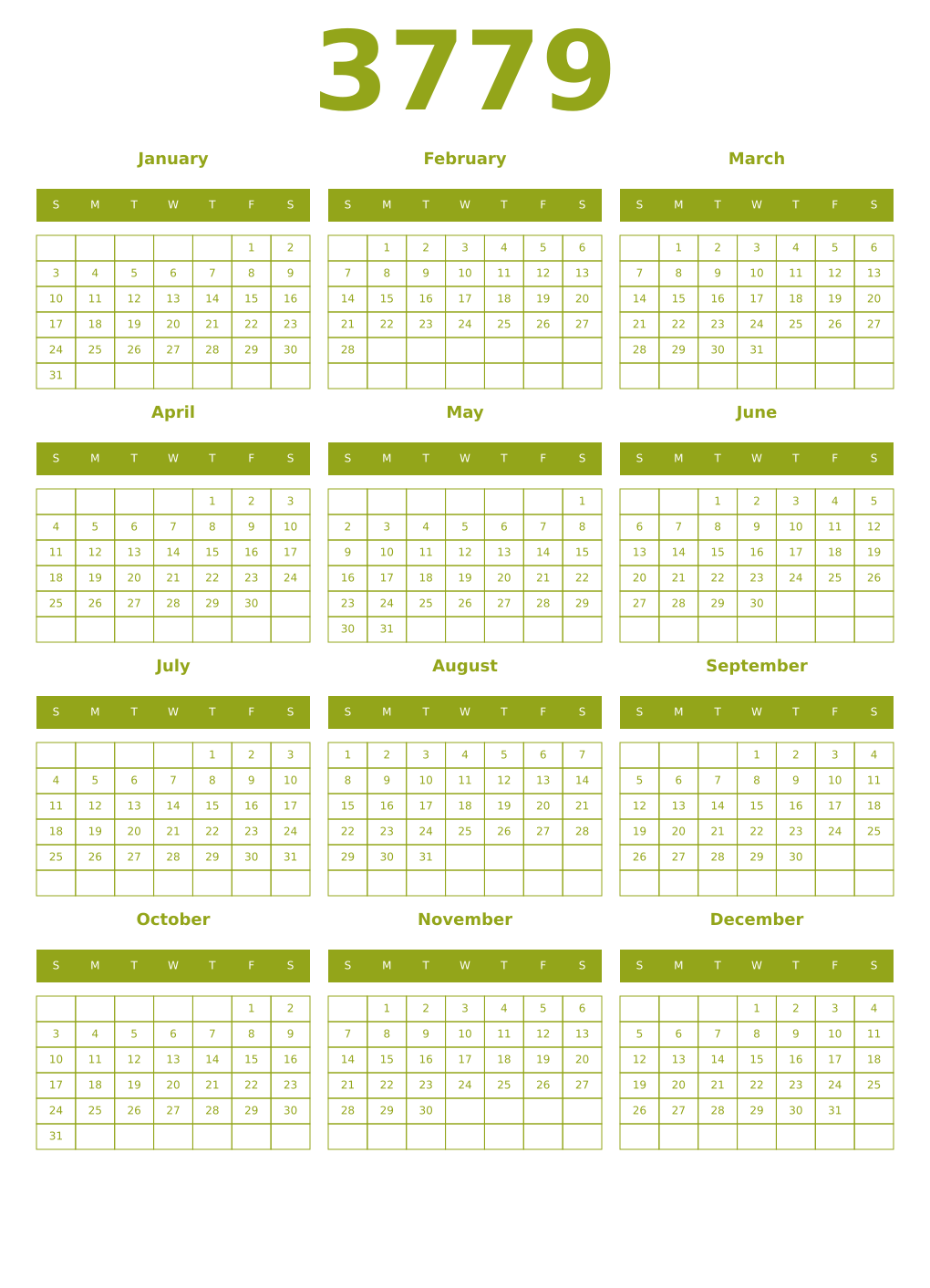 Printable 3779 Year Calendars chartreuse
