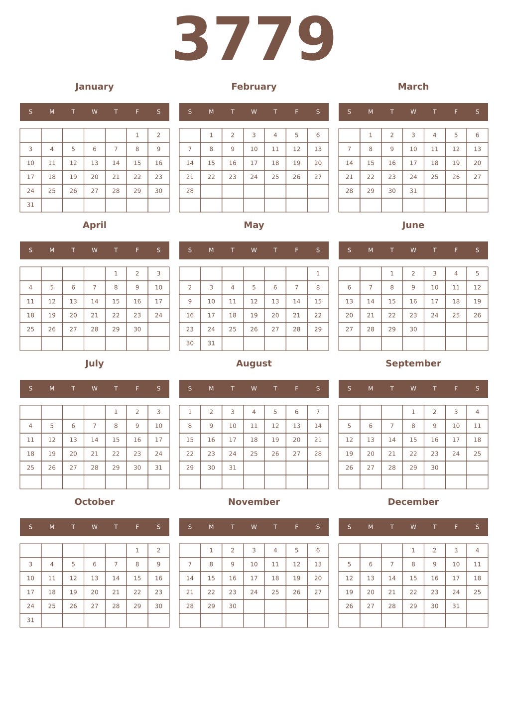 Printable 3779 Year Calendars coffe