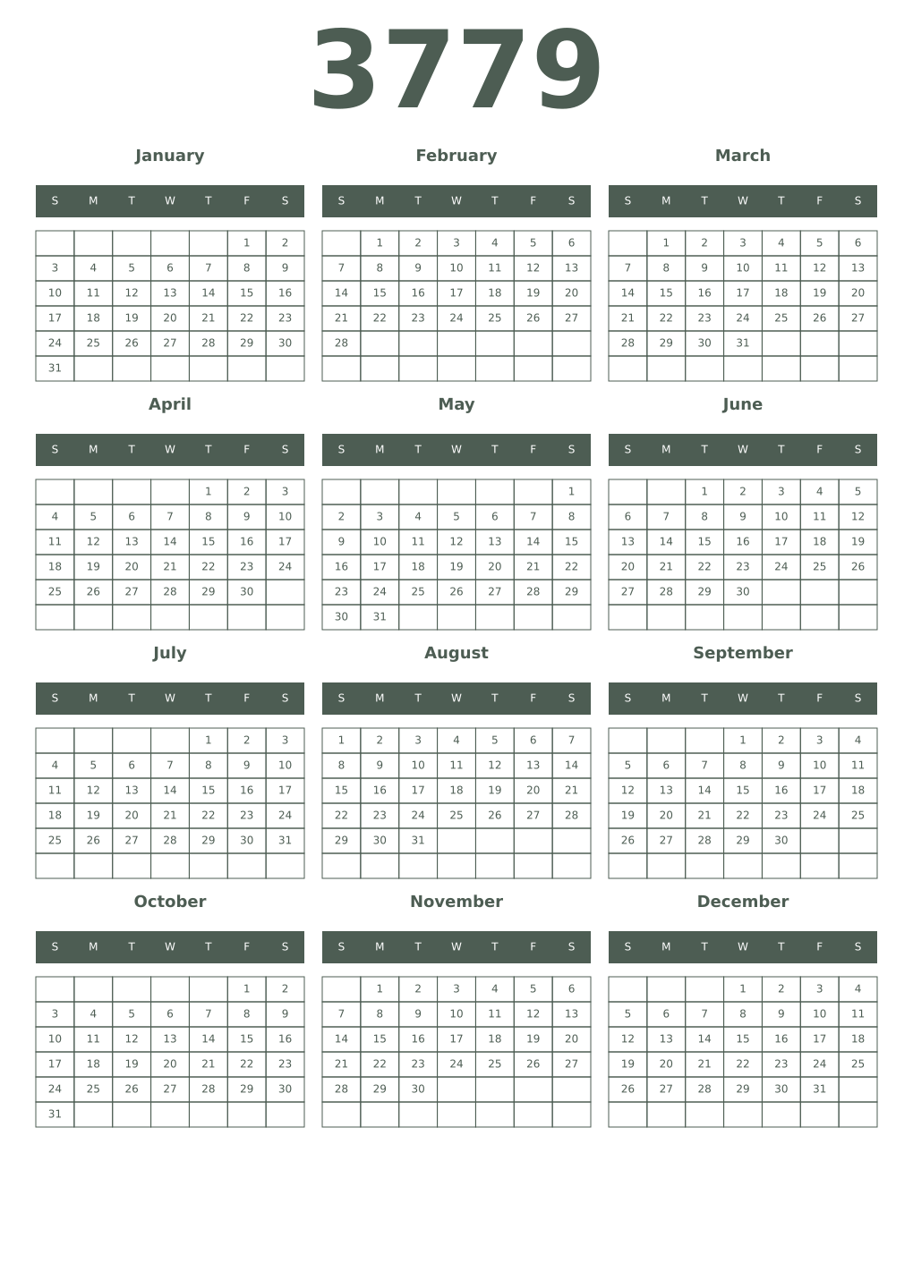Printable 3779 Year Calendars feldgrau