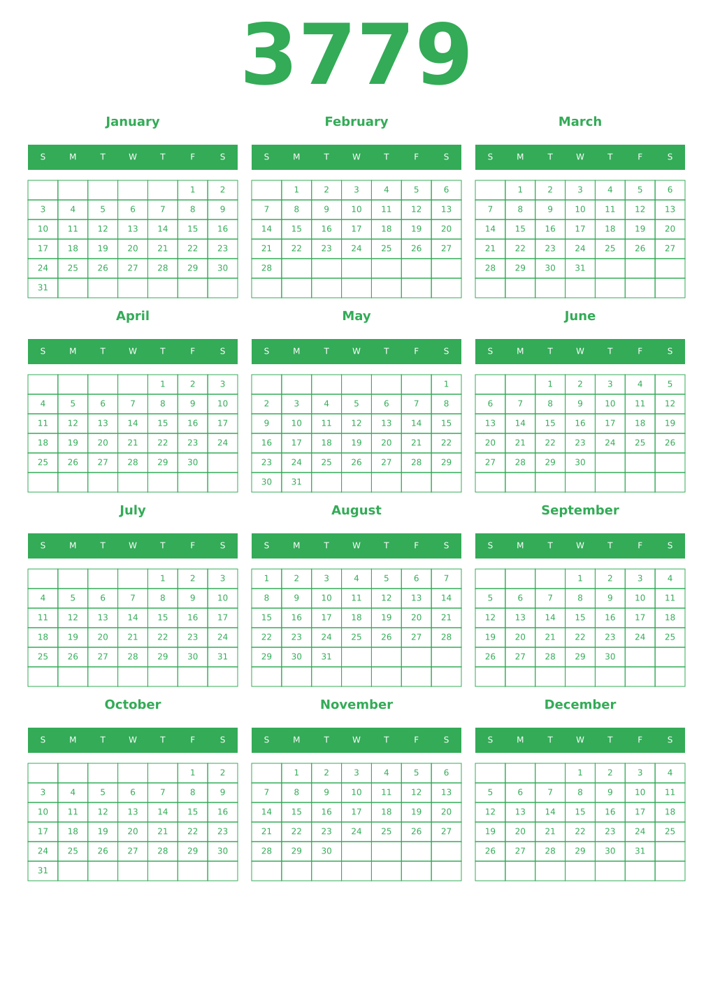 Printable 3779 Year Calendars green