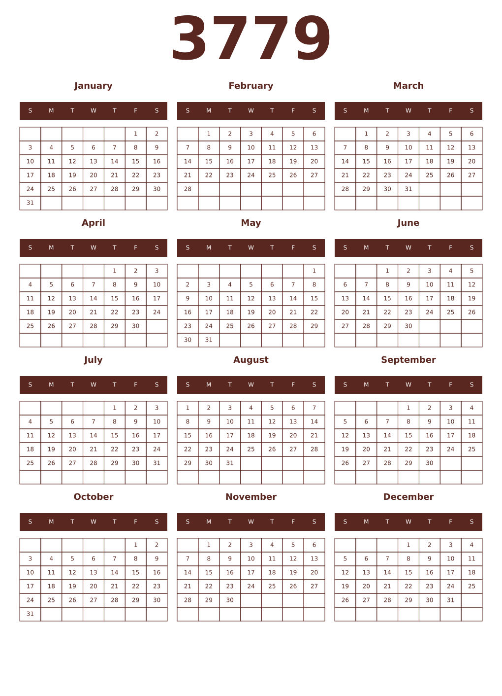 Printable 3779 Year Calendars mortuum