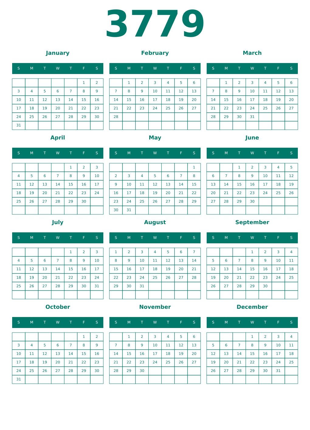 Printable 3779 Year Calendars pastel