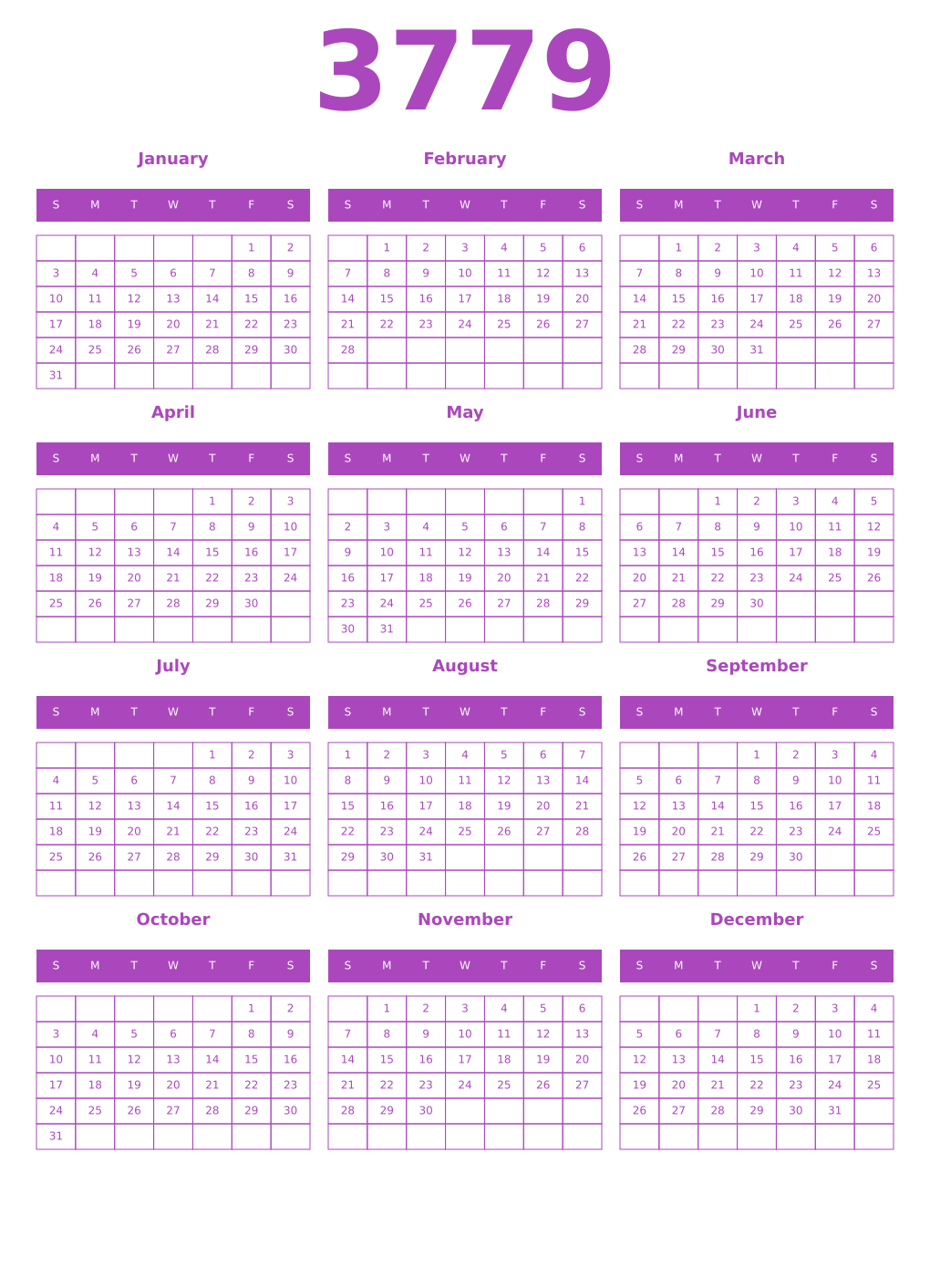 Printable 3779 Year Calendars purple