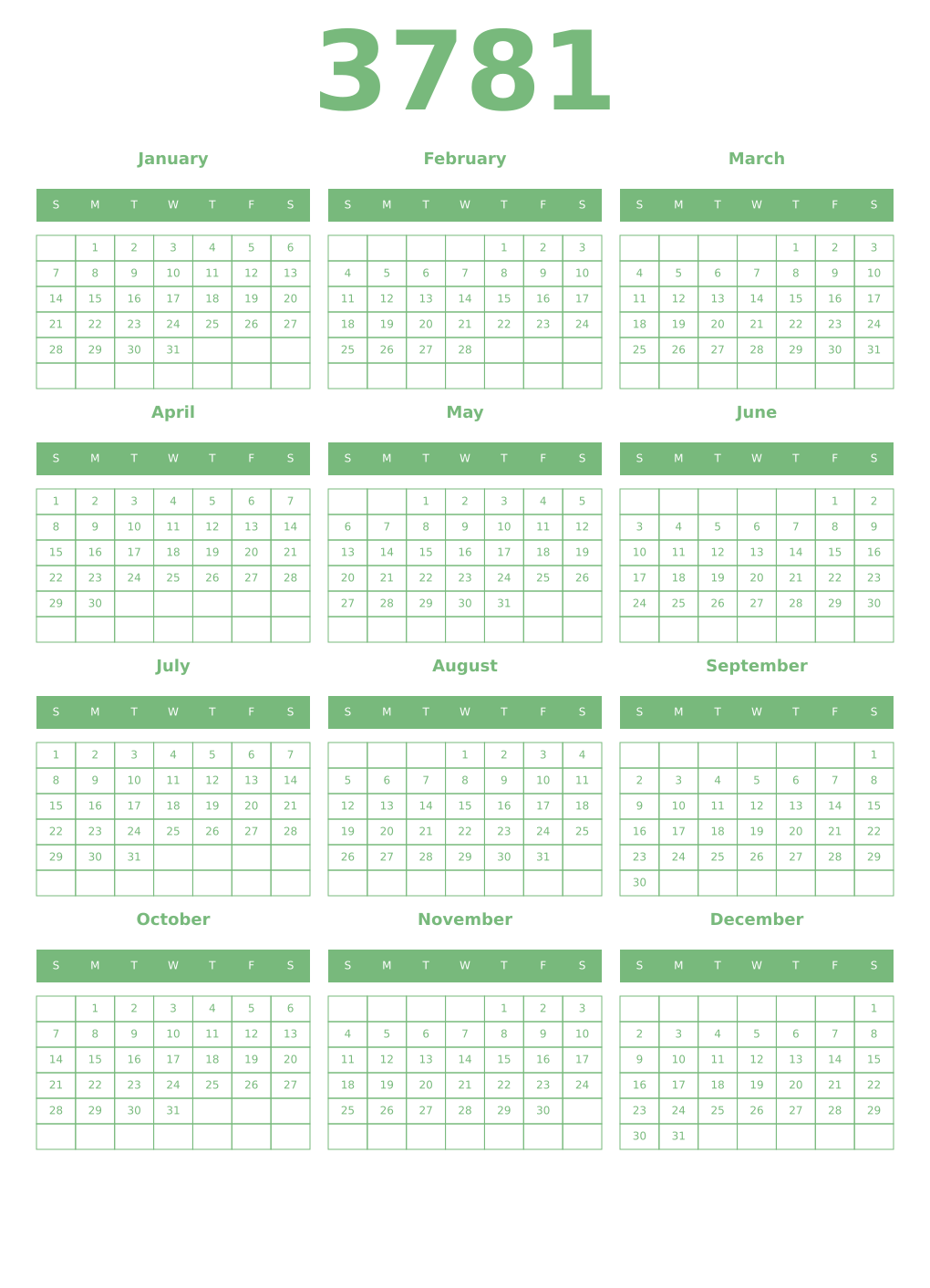 Printable 3781 Year Calendars celadon