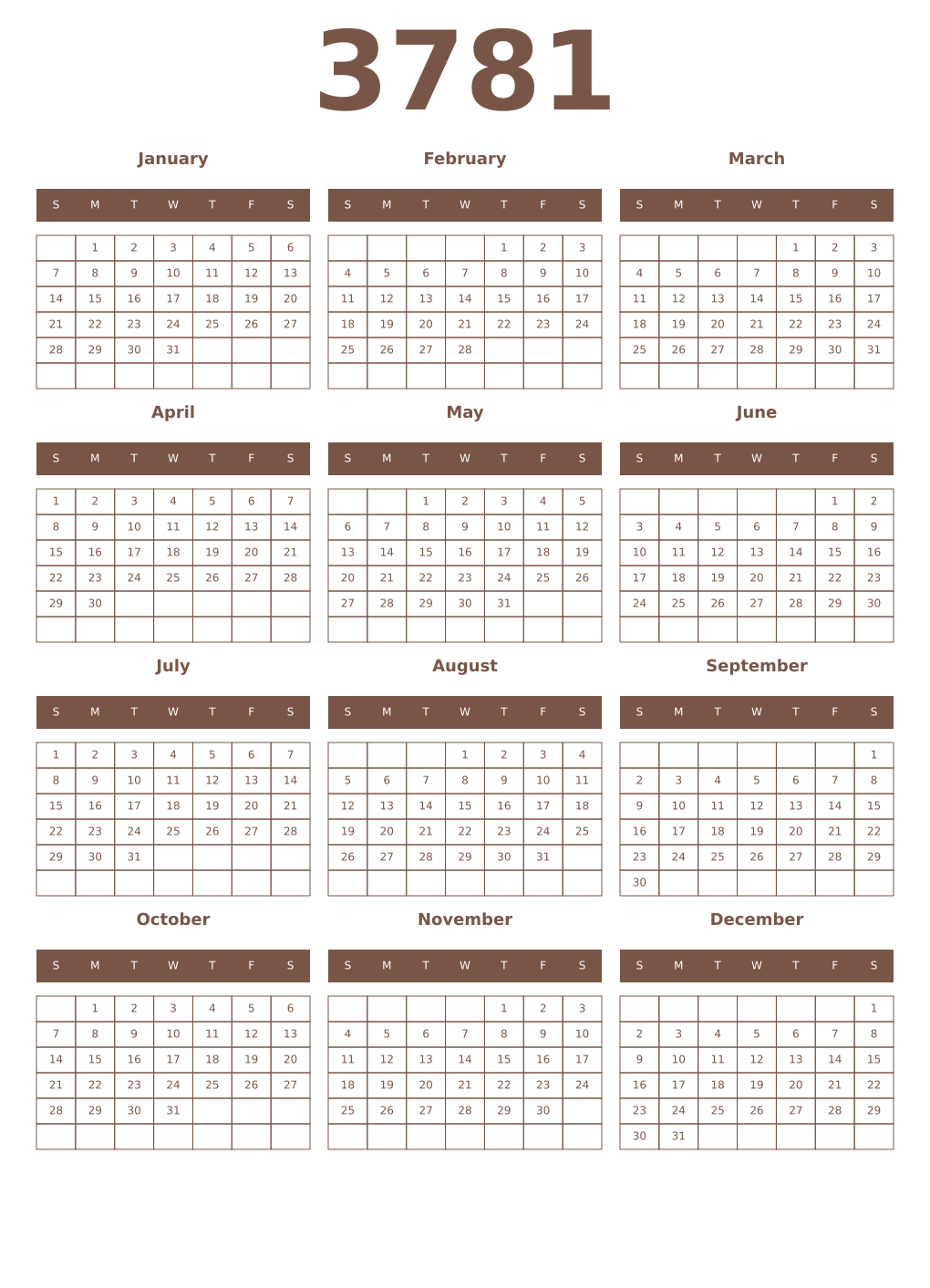 Printable 3781 Year Calendars coffe