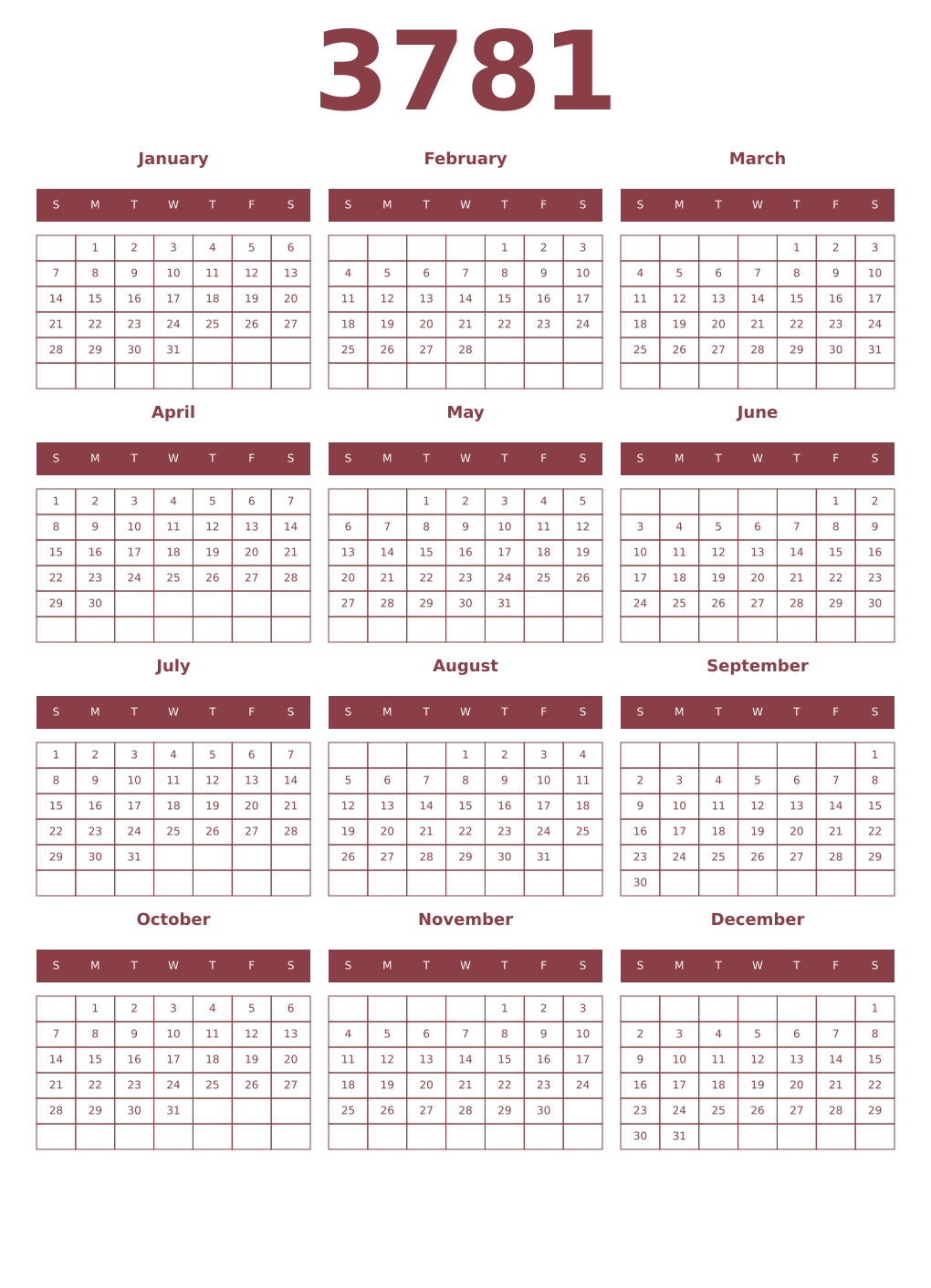 Printable 3781 Year Calendars cordovan