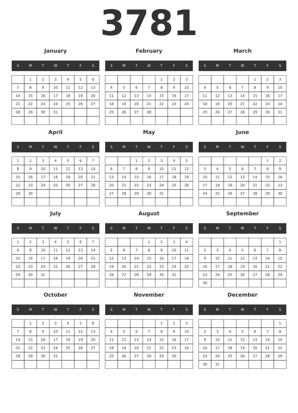 Printable 3781 Year Calendars dark