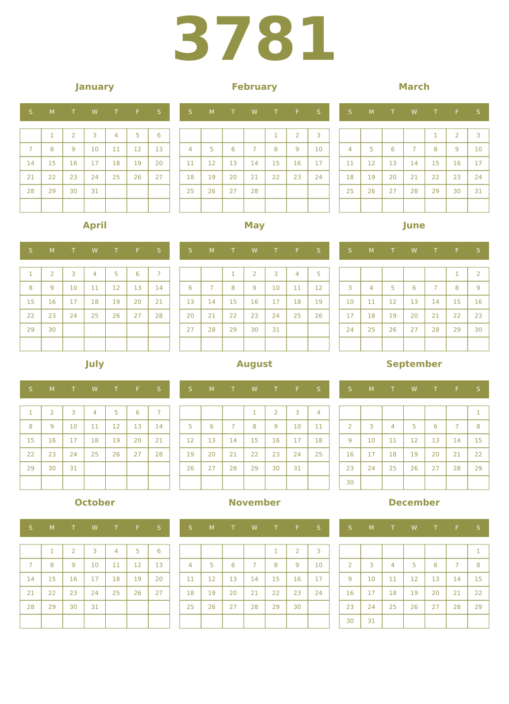 Printable 3781 Year Calendars eburnean