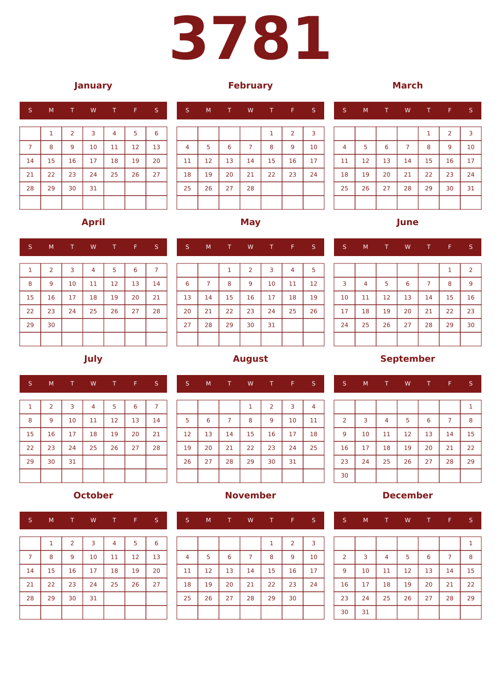 Printable 3781 Year Calendars falu