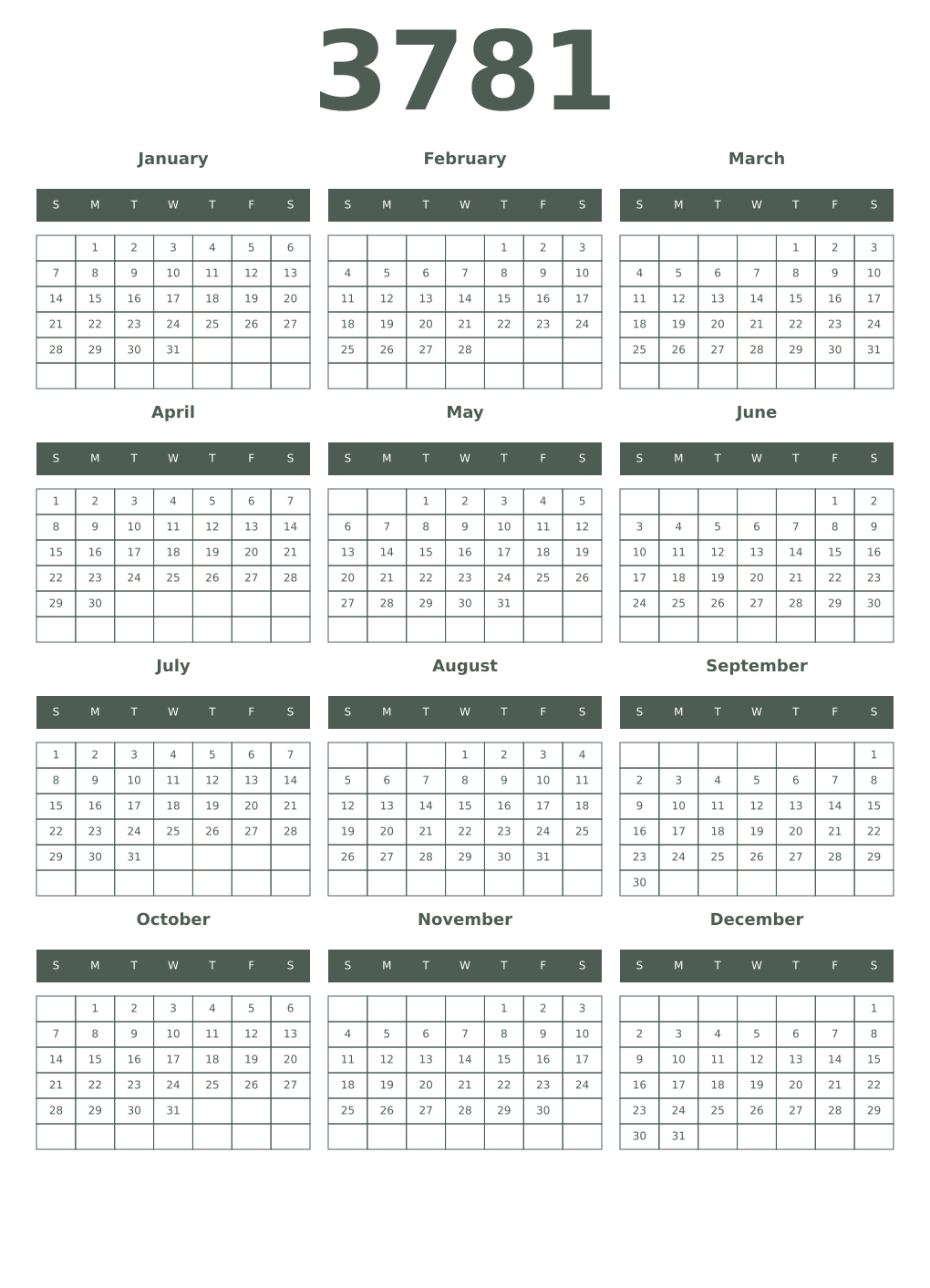 Printable 3781 Year Calendars feldgrau