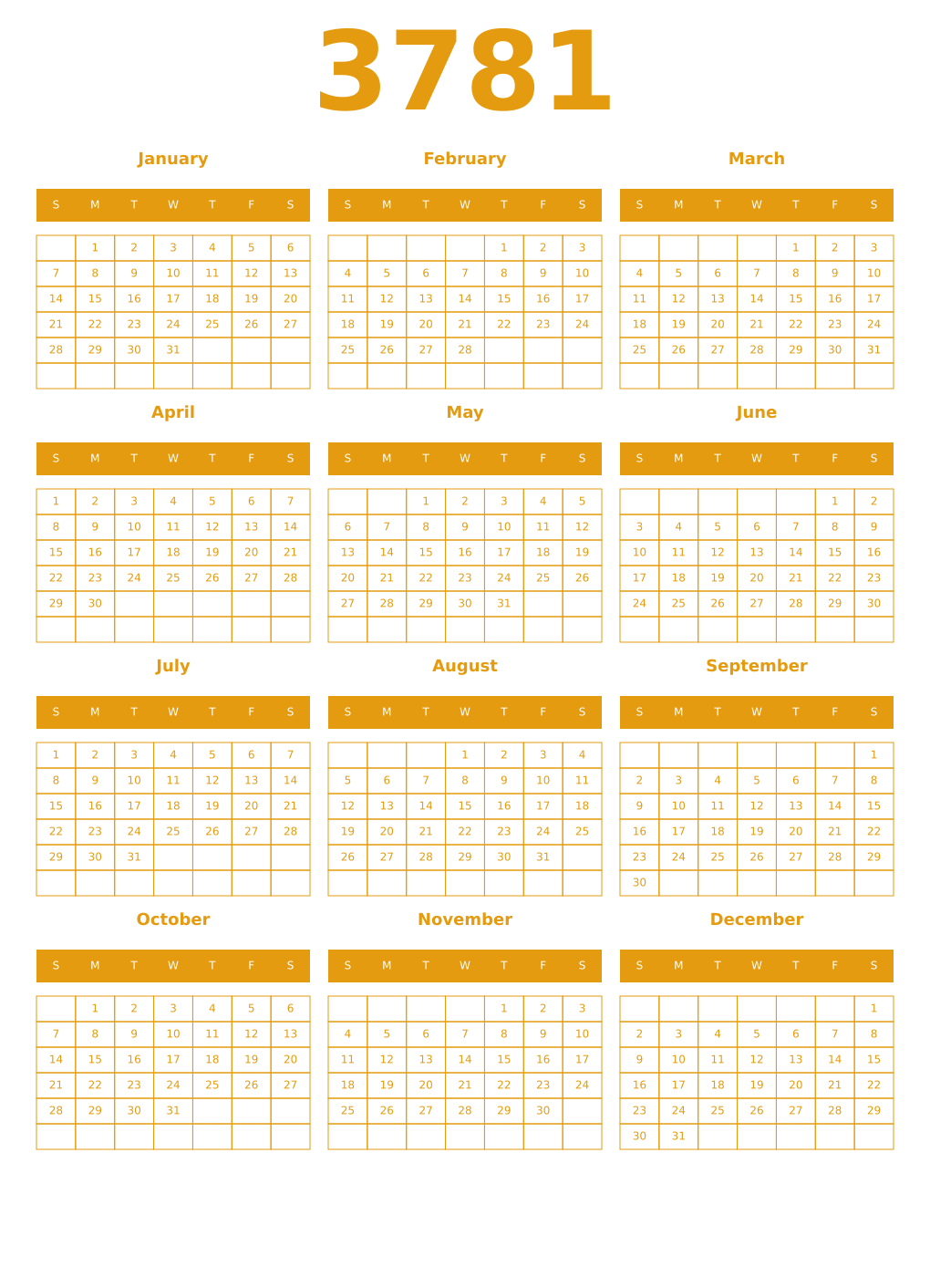 Printable 3781 Year Calendars gamboge