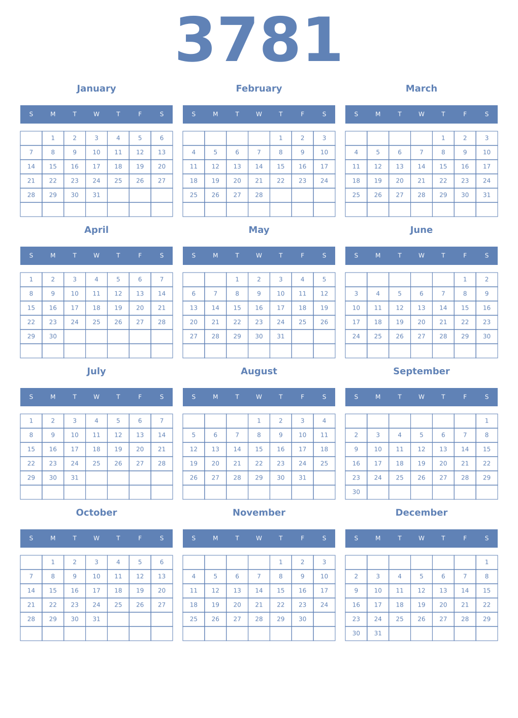 Printable 3781 Year Calendars glaucous