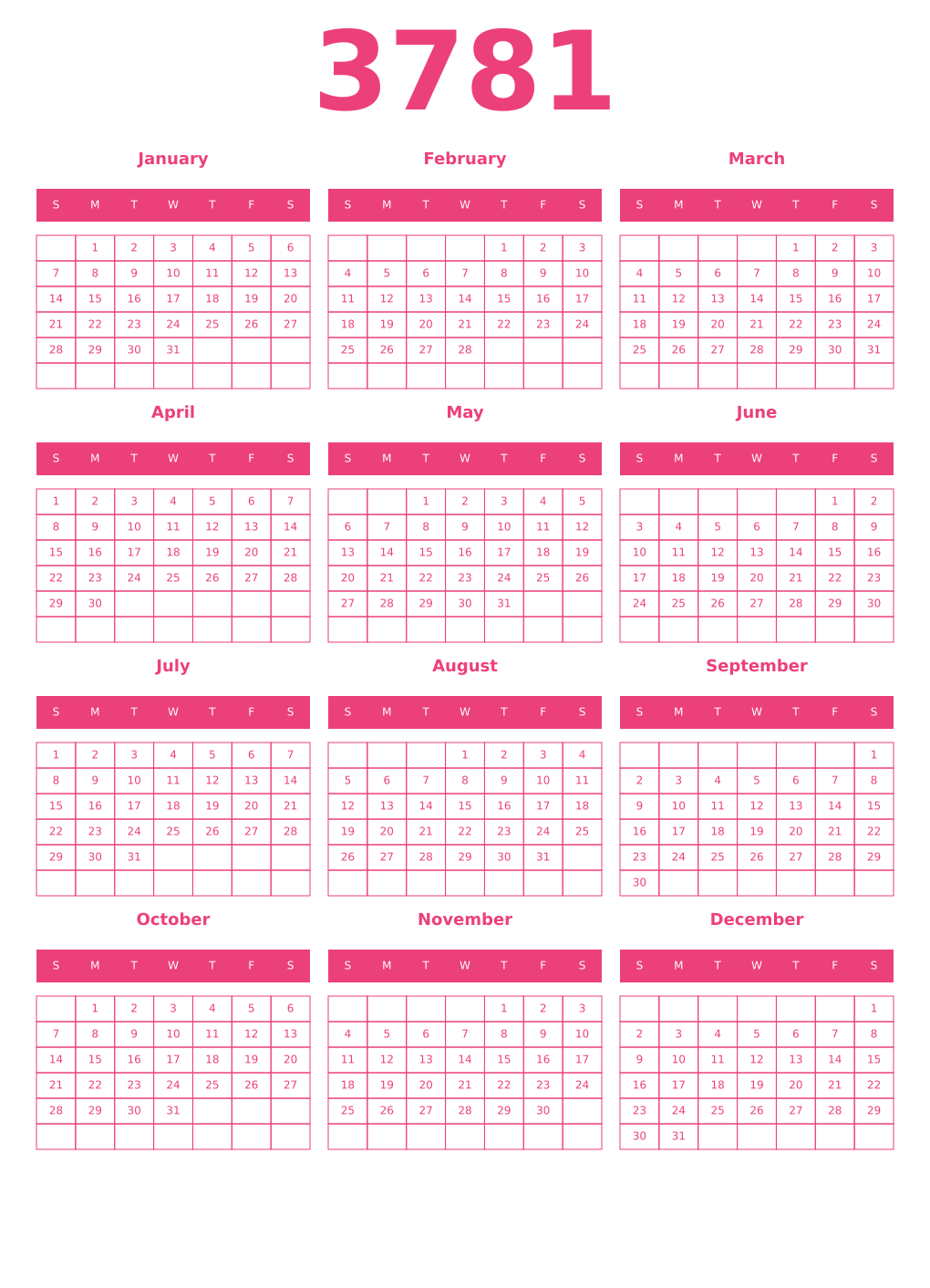 Printable 3781 Year Calendars pink
