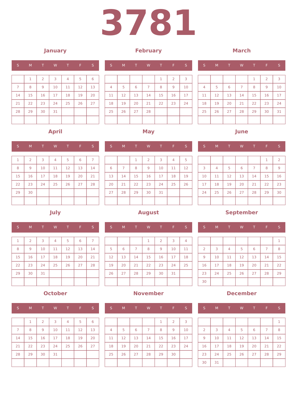 Printable 3781 Year Calendars puce