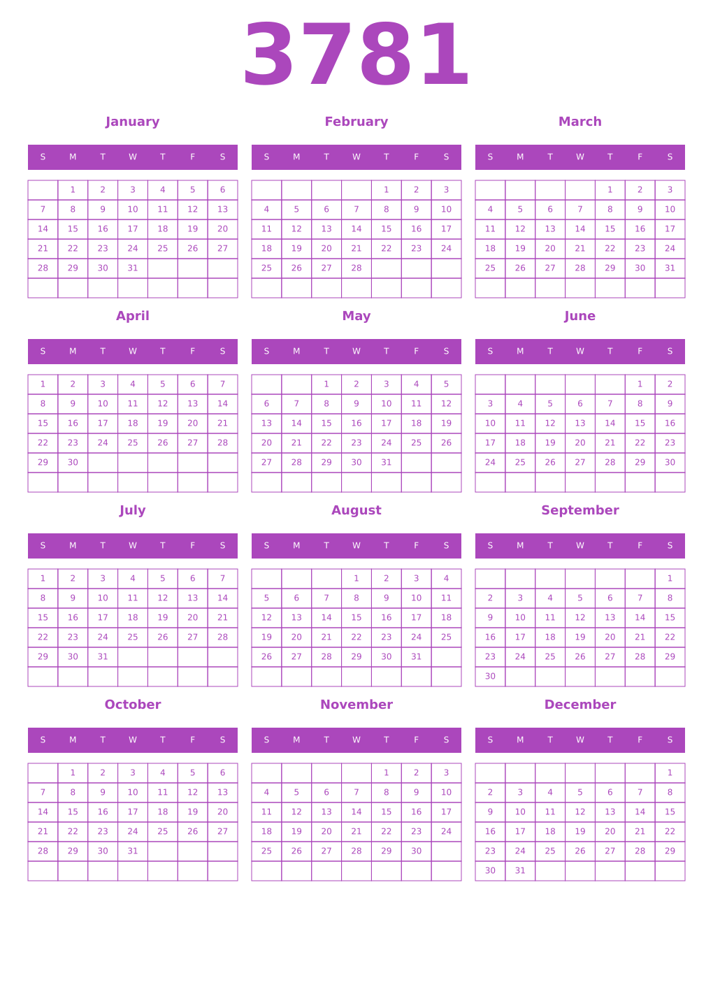 Printable 3781 Year Calendars purple