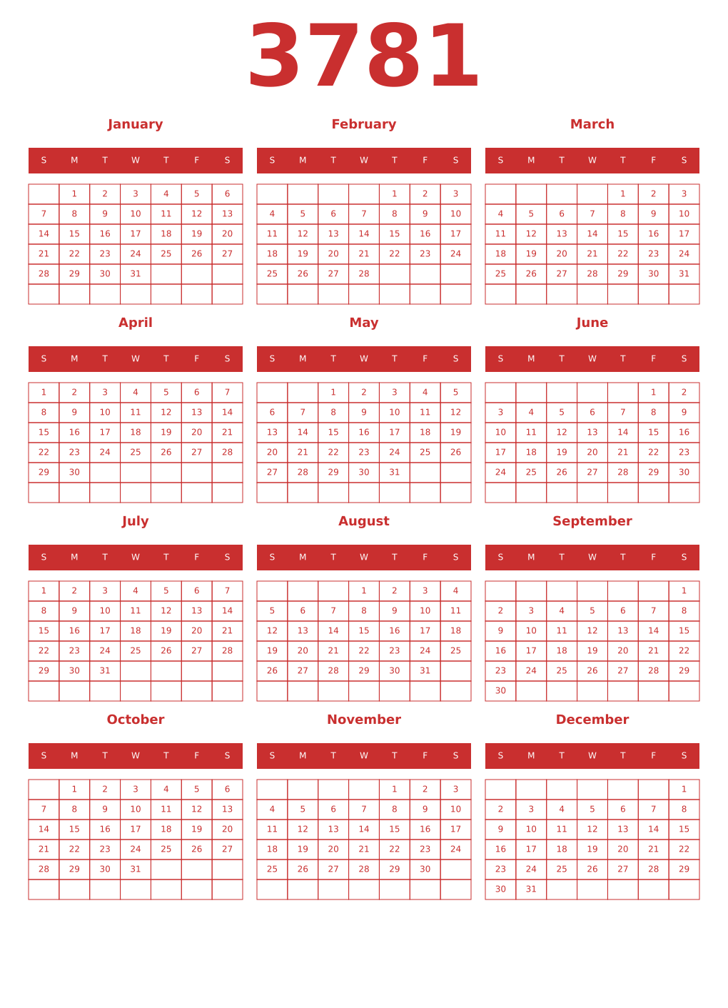 Printable 3781 Year Calendars red