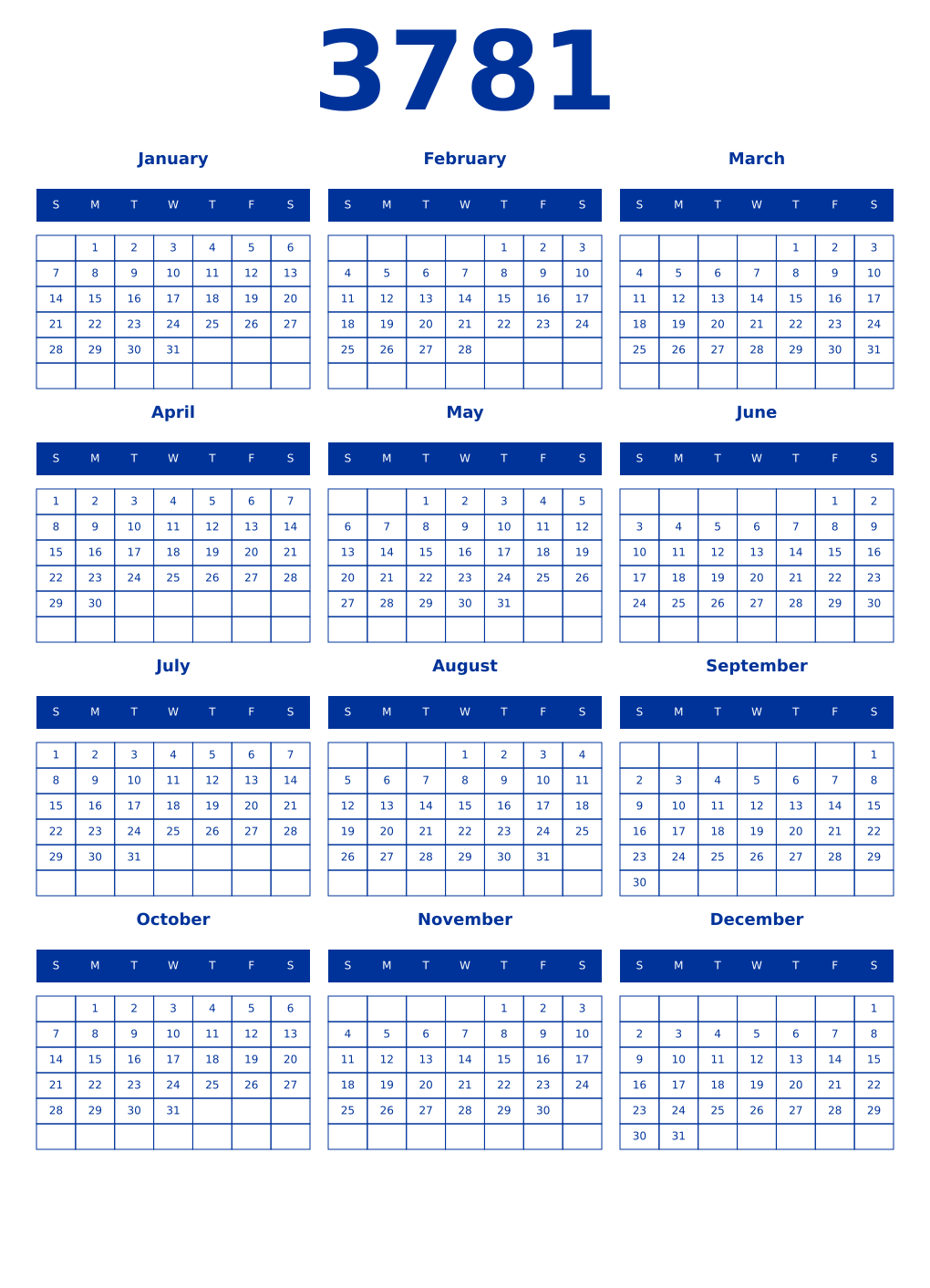 Printable 3781 Year Calendars smalt