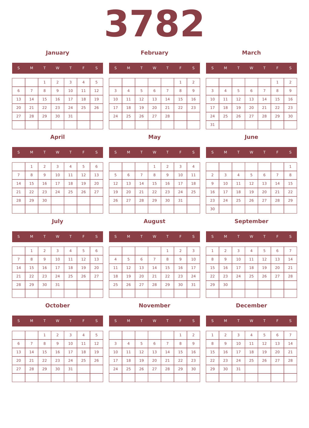 Printable 3782 Year Calendars cordovan