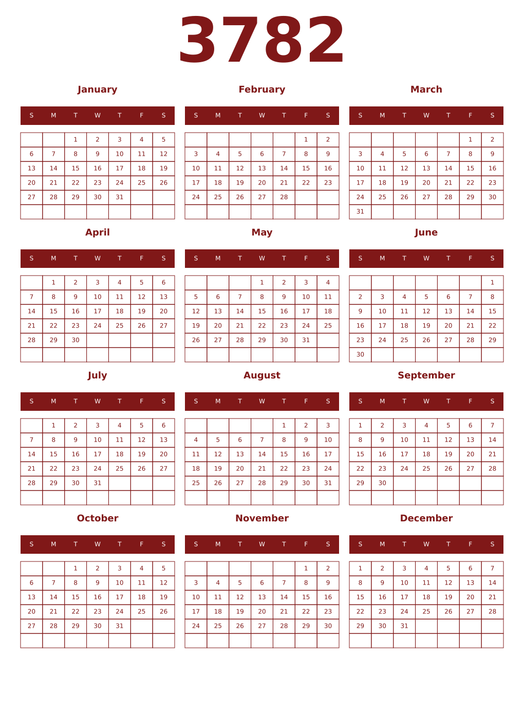 Printable 3782 Year Calendars falu