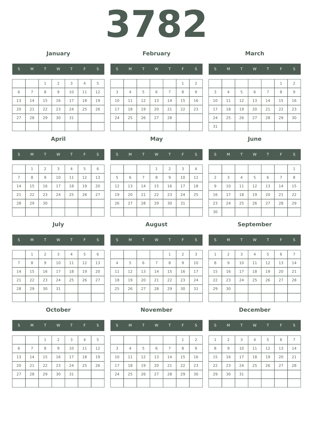 Printable 3782 Year Calendars feldgrau
