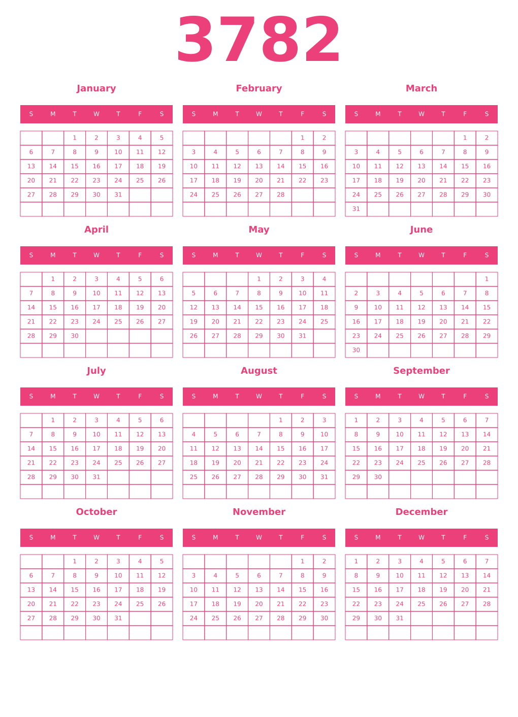 Printable 3782 Year Calendars pink