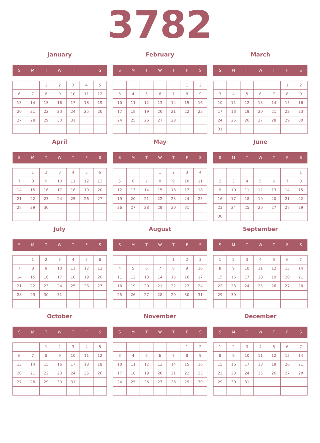 Printable 3782 Year Calendars puce