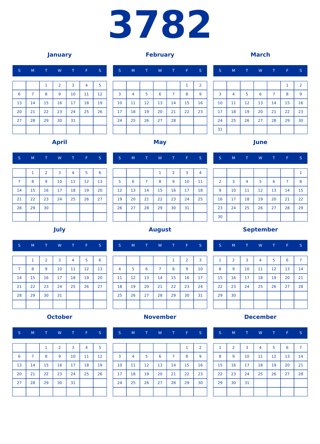 Printable 3782 Year Calendars smalt