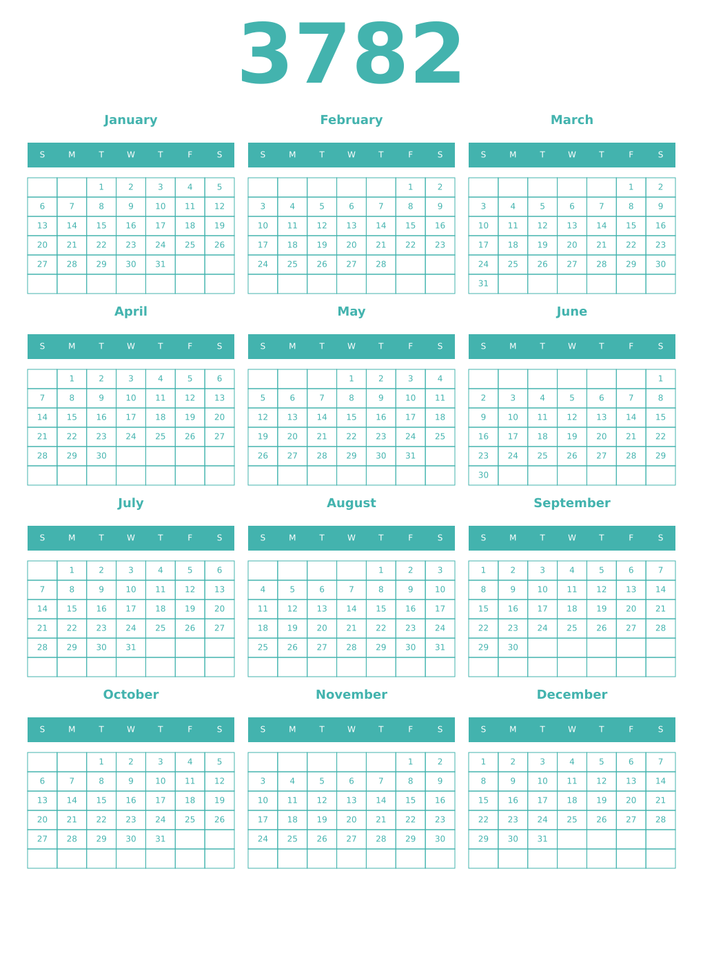 Printable 3782 Year Calendars verdigris
