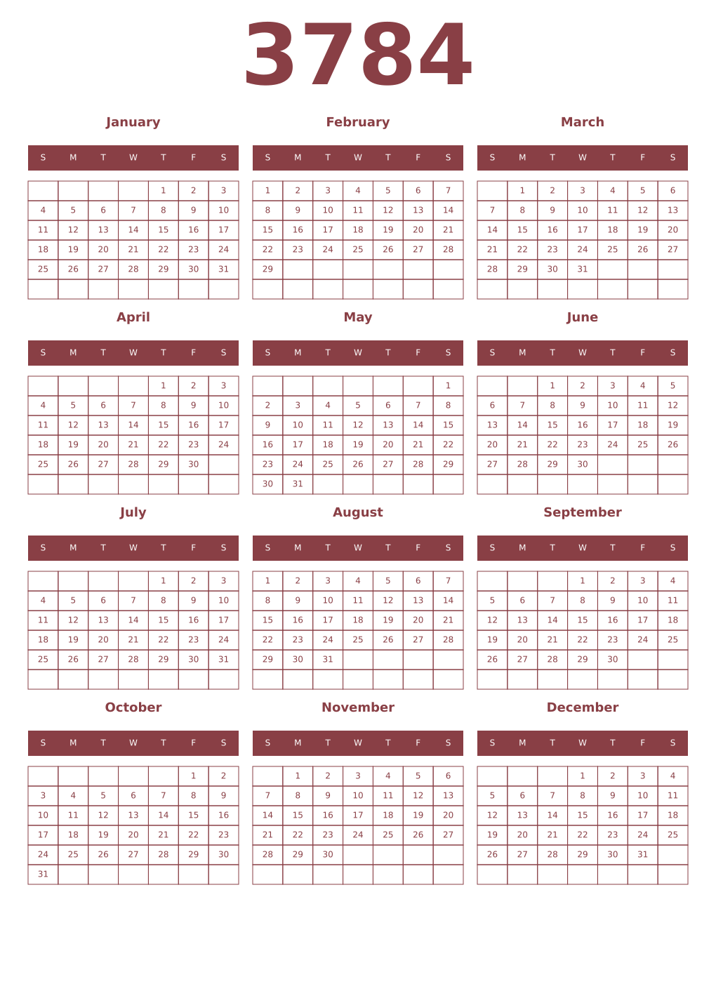 Printable 3784 Year Calendars cordovan