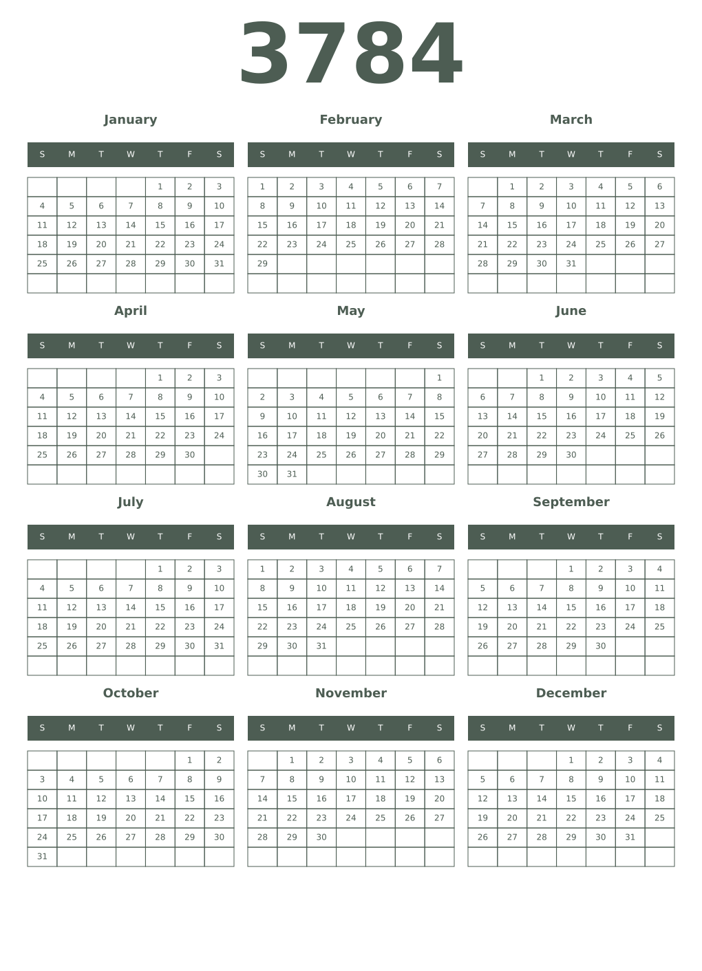 Printable 3784 Year Calendars feldgrau