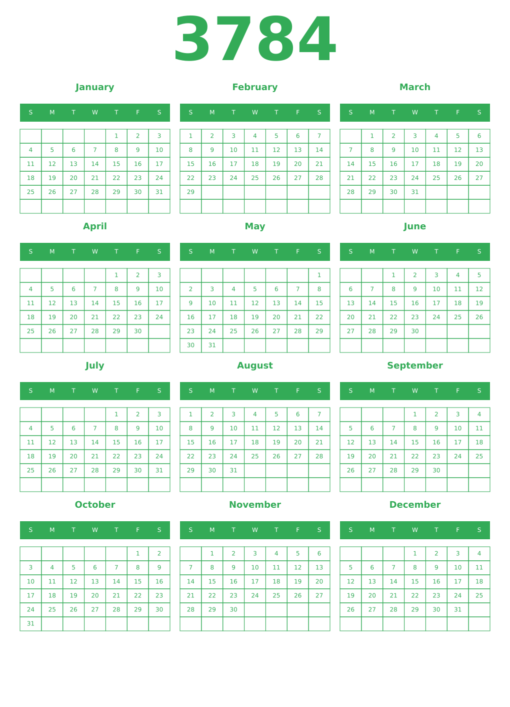 Printable 3784 Year Calendars green