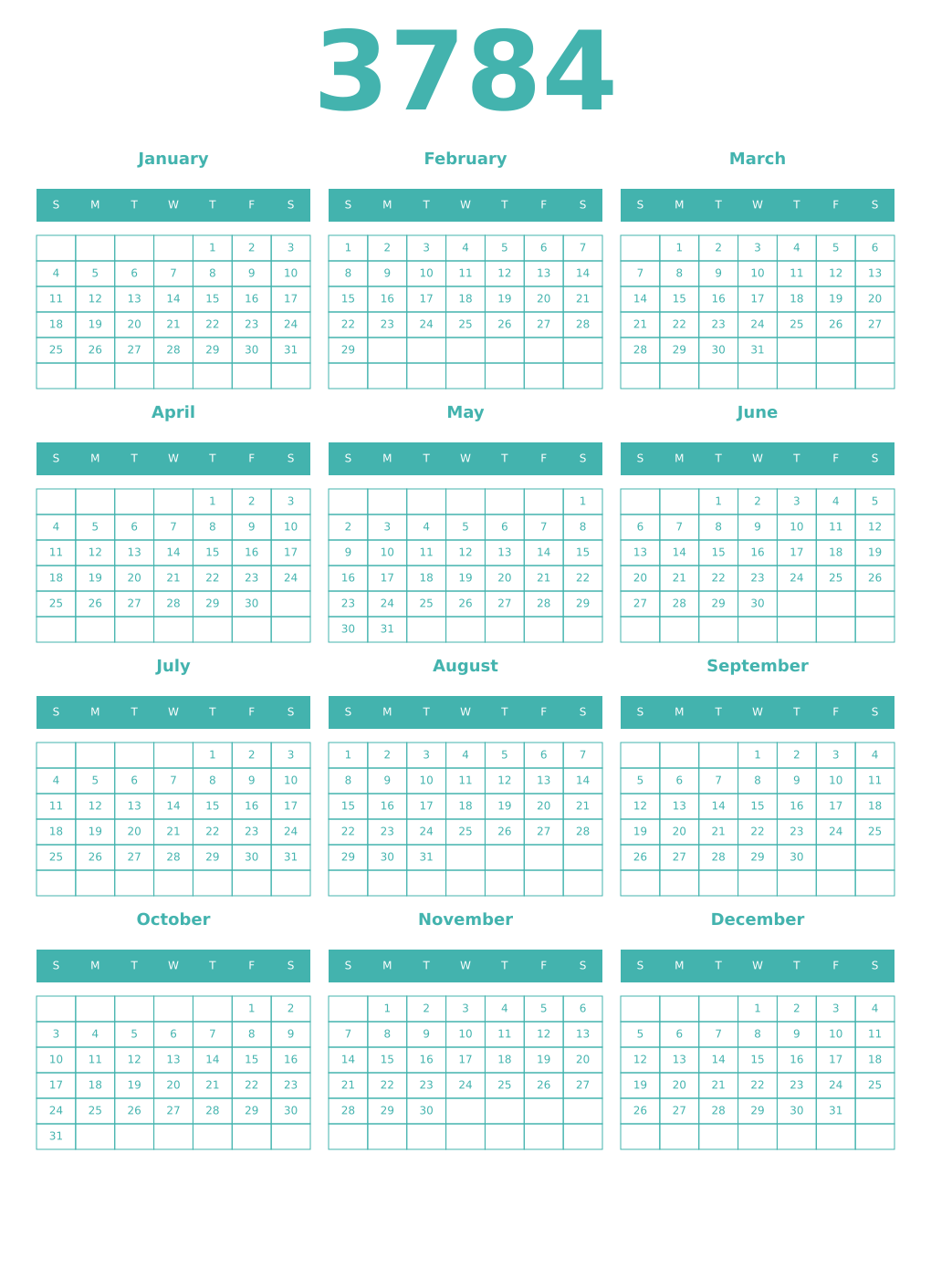Printable 3784 Year Calendars verdigris