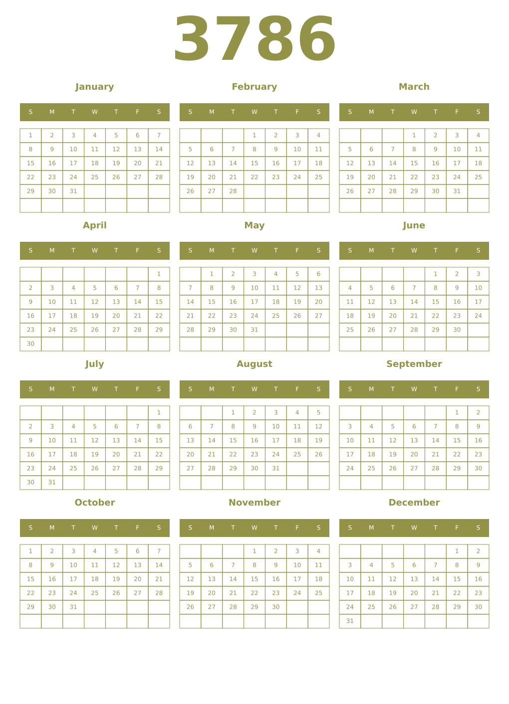 Printable 3786 Year Calendars eburnean