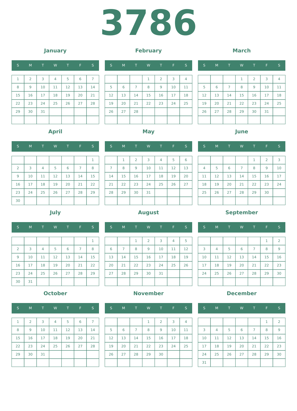 Printable 3786 Year Calendars viridian
