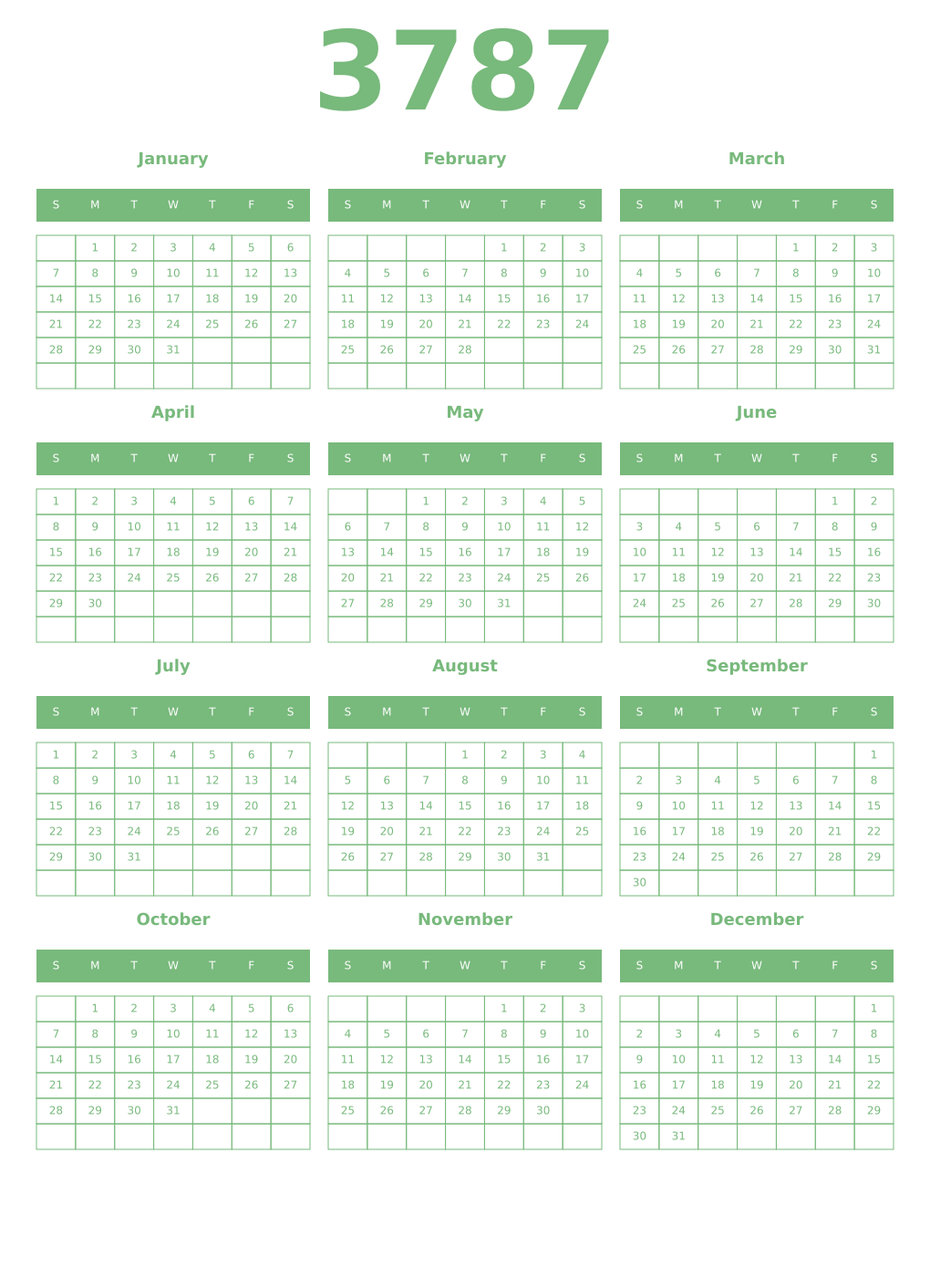 Printable 3787 Year Calendars celadon